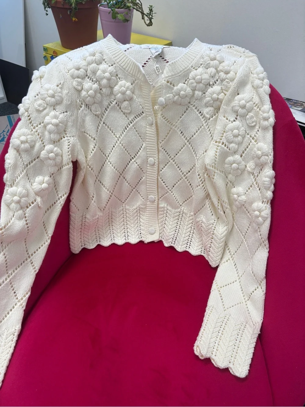 New Caroline Constas Cream Floral Knit Button-Up Women's Sweater Cardigan small - Picture 2 of 15